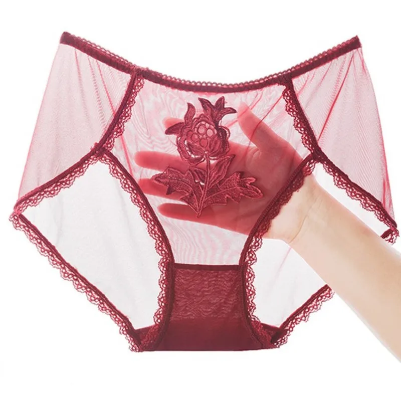 

Lady's Transparent Mesh briefs Plus size Rose embroidery Mid-Rise panties women underwear sexy lingerie 7 colors 3 sizes
