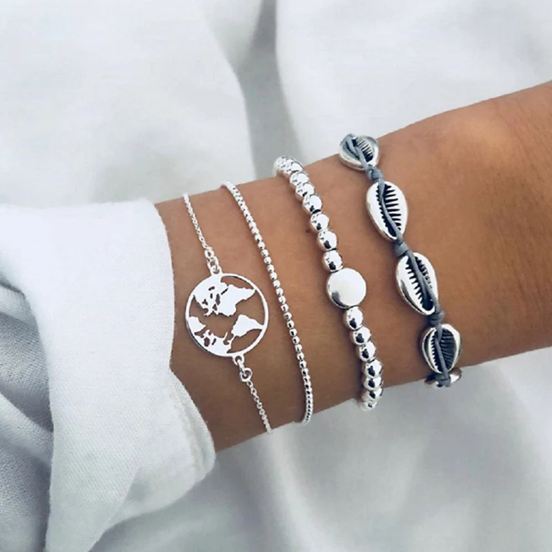 

4 Pcs/ Set Retro Beach Shell Map Beads Silver Multilayer Chain Leather Bracelet Set Women Creative Fashion Jewelry Accessories