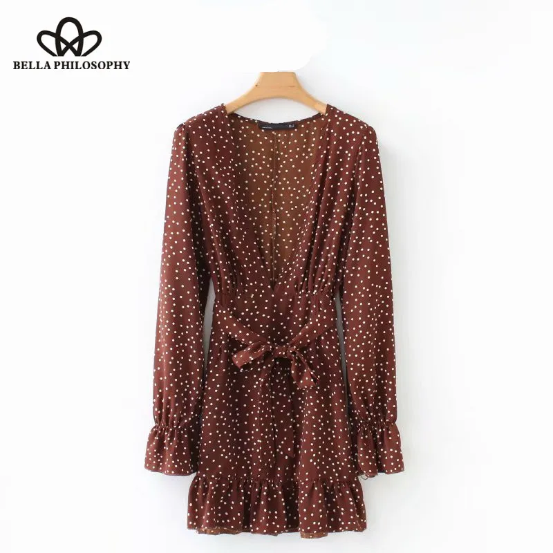 Wonder 2018 new intage sexy deep v neck polka dots printing mini dress female bow tied sashes vestidos casual slim ruffles dress