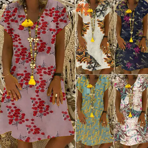 

US New Womens Short Sleeve Boho Cotton Casual Linen V-neck Kaftan Mini Dress