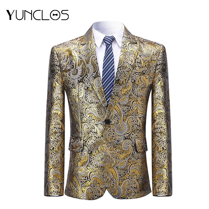 

YUNCLOS Gold Printing Pattern Men Suit Jackets One Single Button Blazers Suit Jackets England Style Party Blazers Canonic