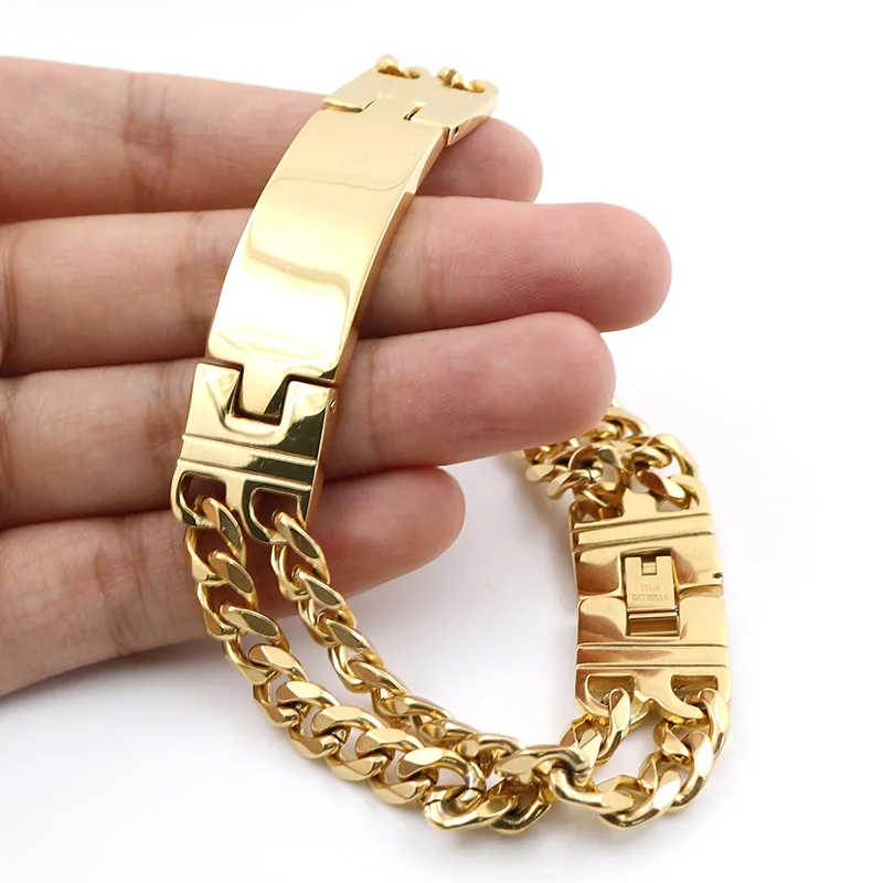 Men Fashion Jewelry Gold Bracelet 22cm Length Double Lines Charming