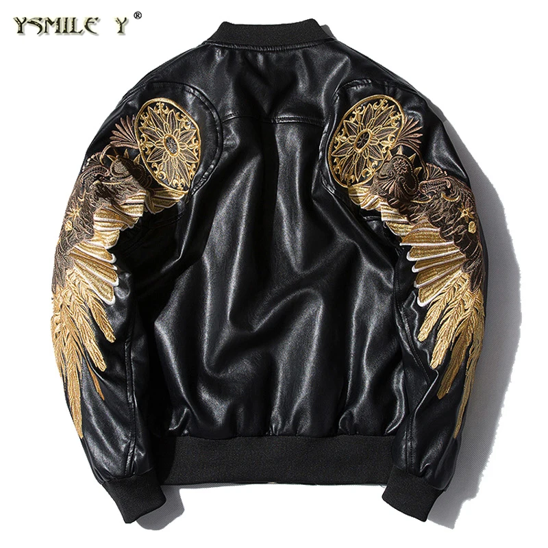 

Fashion Men Aviator Bomber leather jacket Casual Embroidery Wing Patch Outerwear Motorcycles style Anarchy PU Coat Black Red