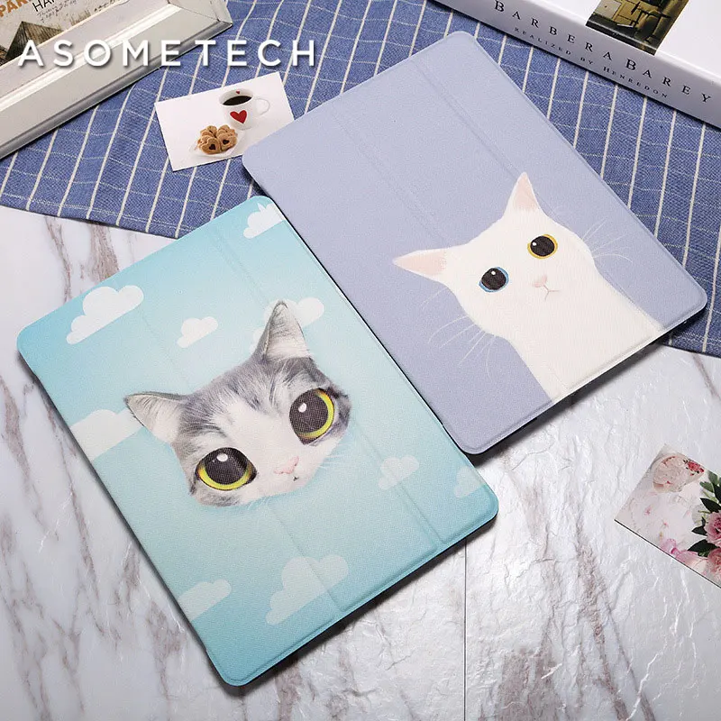 

Lovely Cute big Eyes Cat Case For 2017 New iPad 9.7 Painted Stand Back Cover For iPad 2 air 1 Mini Cartoon Wake Up Folio Fundas