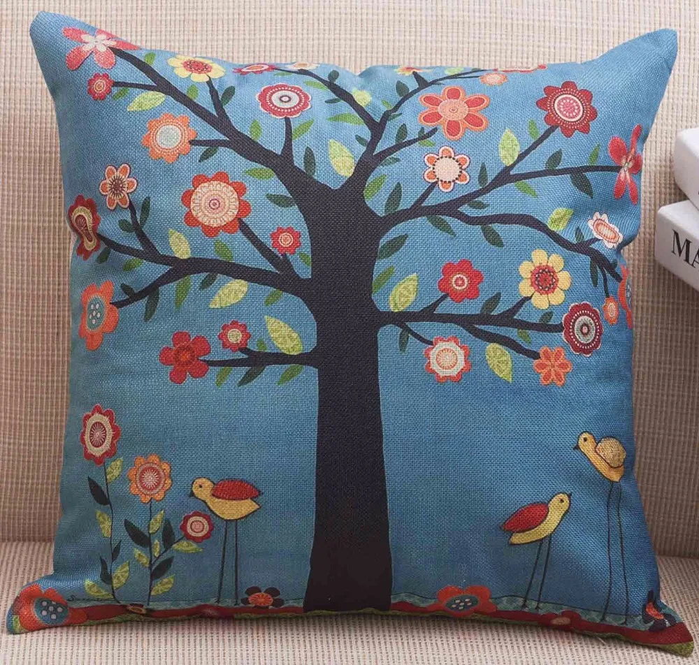 Colorful Tree of life flower throw Cotton Linen Flax Cushion Case