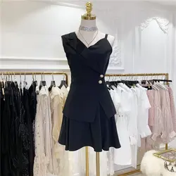 2019 новые летние женские платье модные жемчужные пряжки жилет Топ + Высокая талия юбка костюм офисные женские туфли комплект из двух
