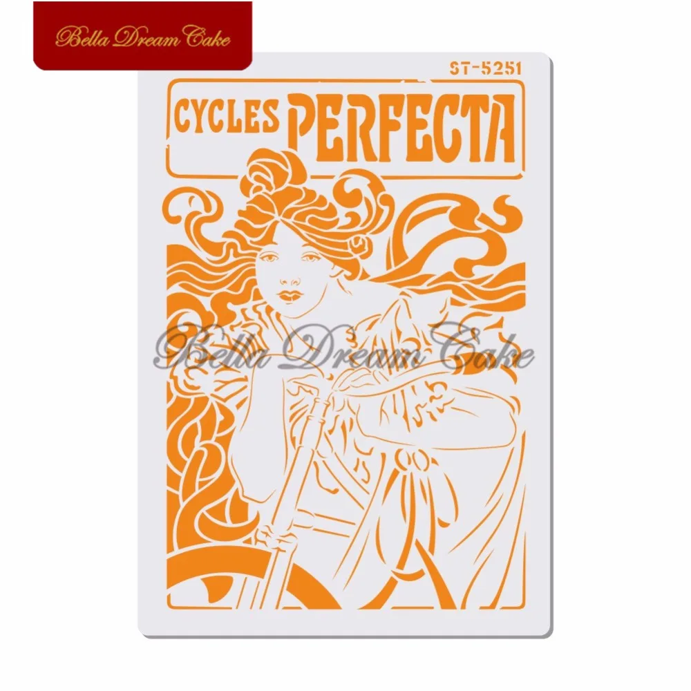 Girl & Bicycle Cake Stencil Layering Plastic Stencils DIY Scrapbooking