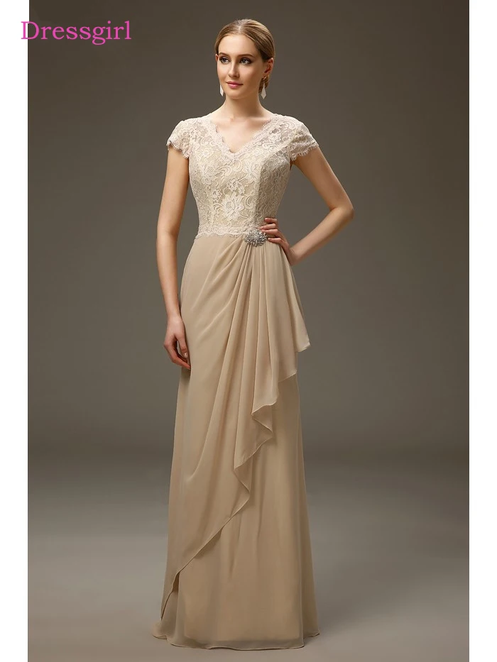 

Champagne 2019 Mother Of The Bride Dresses A-line V-neck Cap Sleeves Chiffon Lace Long Elegant Groom Mother Dresses For Wedding