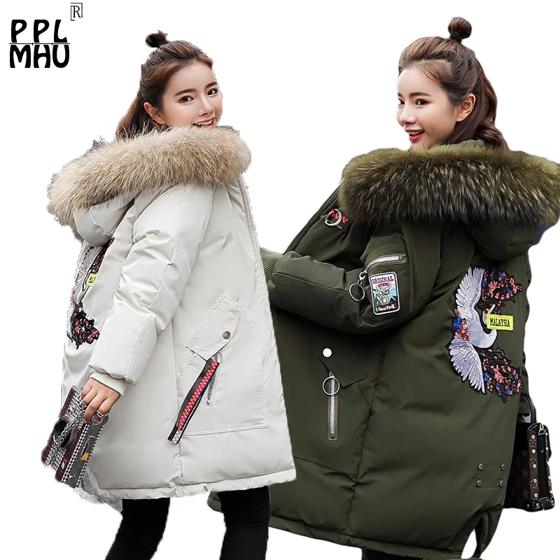 

Big Fur Hooded Jacket Woman Winter Coat Pocket Button Embroidery loose plus size Parka Outerwear Female Long Winter Coat Women