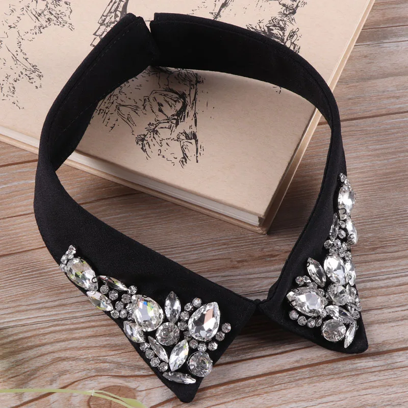 Women Neck Tie Bling Rhinestone Button Chic Neckline Lady Fake Collar
