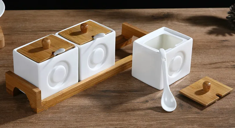 

Creative European Embossed Bamboo Wood Frame Ceramic Glass Seasoning Tank Kitchen Box Bottle Salt Set