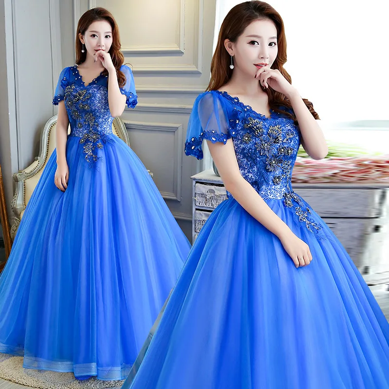 

Blue Short Sleeve Quinceanera Dresses Ball Gowns Tulle Lace Applique Flowing Shoulder Floor Length Vestidos De Festa Largos