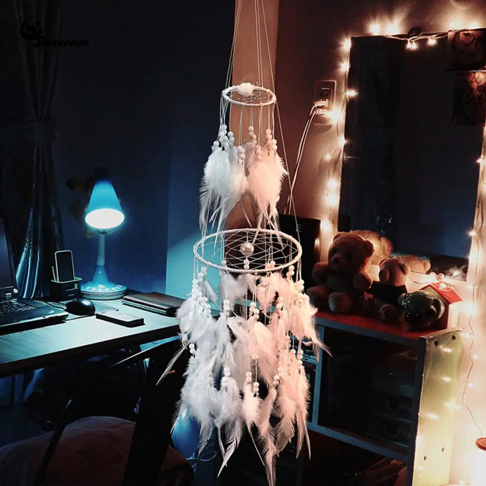 Dream Beautiful Two Layer Wind Chimes Dream Catcher White Feather Dream