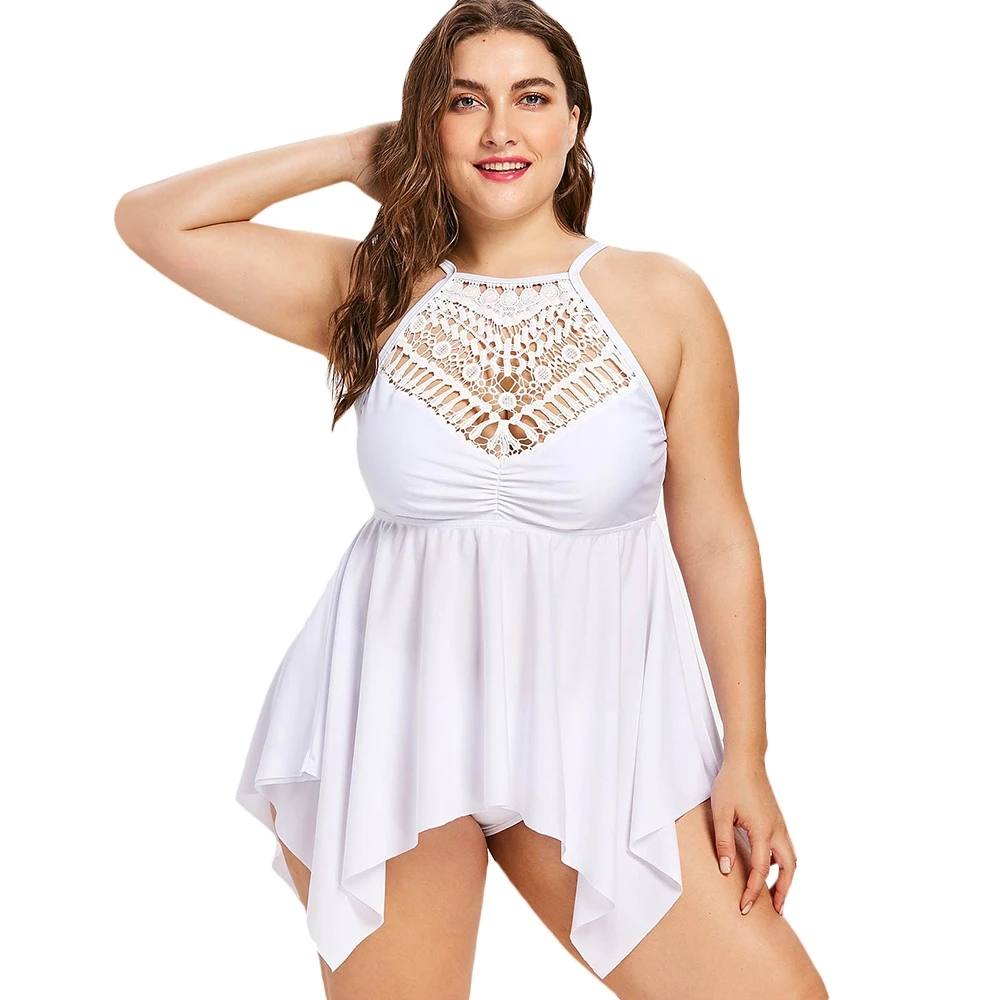 Sexy Women Swimwear Plus Size Crochet Tankini Lace Front Empire Waist