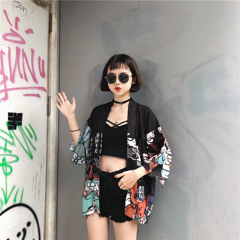 Женские топы лето Ulzzang Harajuku Kawaii Топ рубашка Японская уличная одежда блузка женская мода кимоно кардиган ZZ004