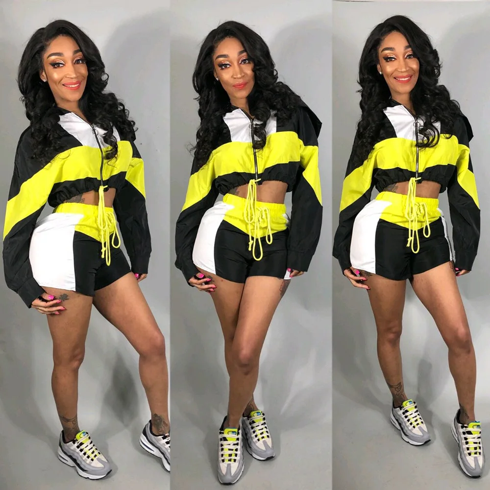 

Sexy two piece set tracksuit women long sleeve zip tops short pants patchwork print casual outfits ensemble femme dos piezas
