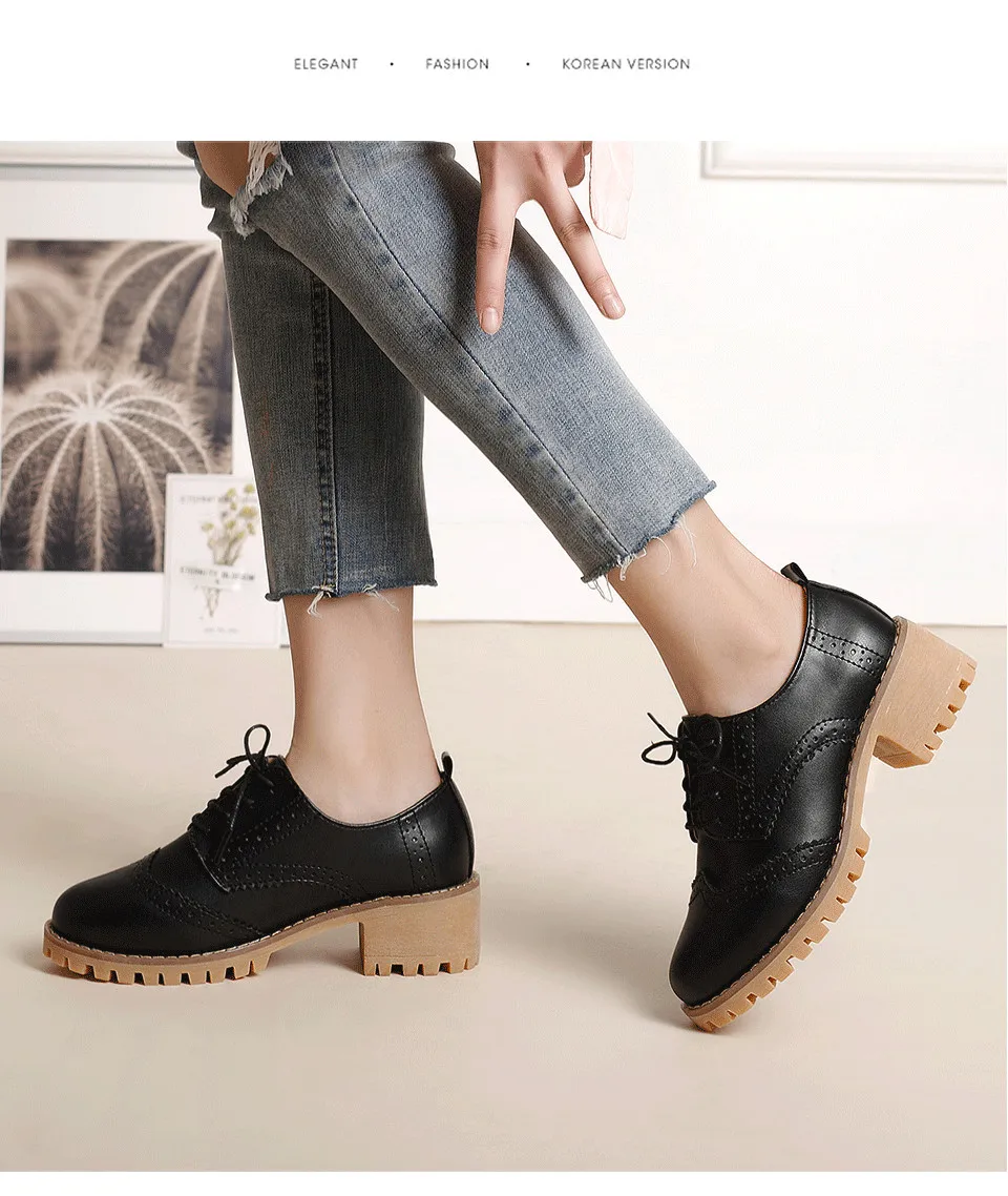 Women Oxfords Shoes Handmade Lace-up Round Toe Thick Heel Leisure Comfortable and Soft Office Lady Shoes