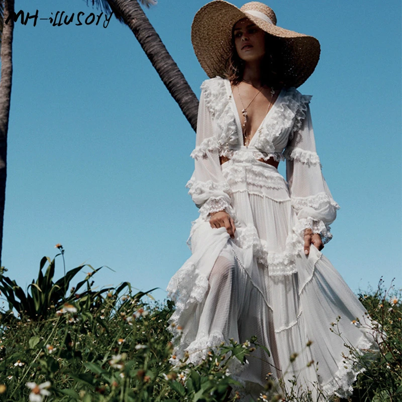 

MH-illusory Summer dress 2019 White lace dress sweet temperament new waistline hollow sexy dress Beach long sleeve women Dress