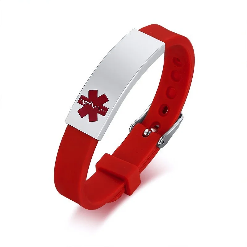 Персонализированные различные цвета медицинского оповещения ID браслет для детей и взрослых Силиконовые браслеты из нержавеющей стали бирки на заказ выгравированы - Окраска металла: red