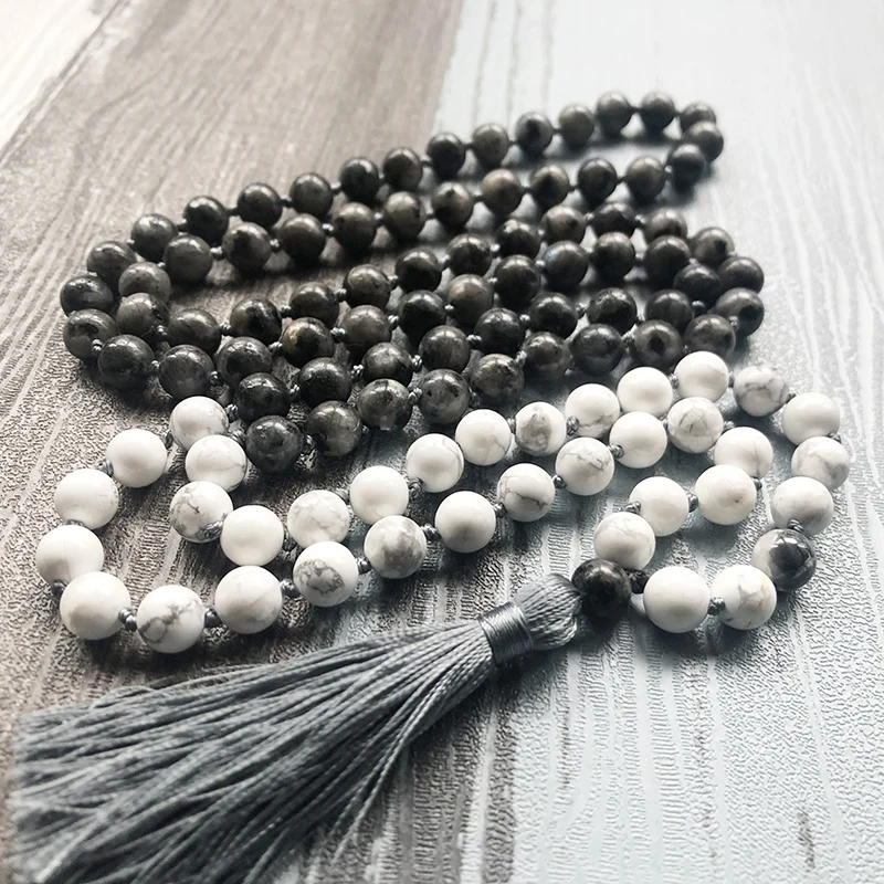 

Howlite Labradorite Tassel Jewelry Prayer Beads 108 Knotted Necklace Mens Mala Spiritual Jewelry Healing Gift For Boyfriend