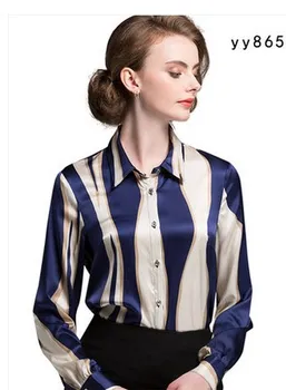 

Silk Blue stripes colour temperament long-sleeve women's large size shirt spring silk lapel shirt