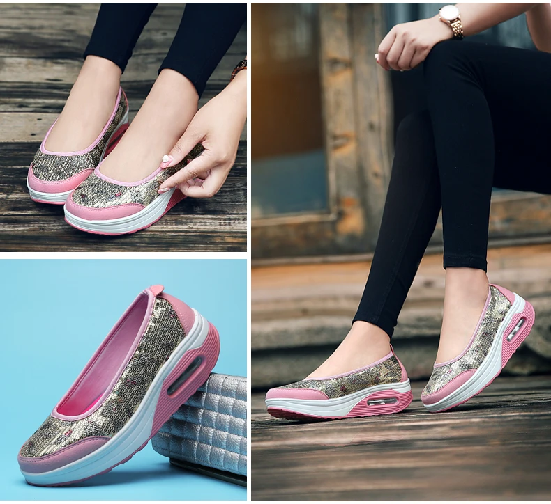 Сезон: весна–лето Для женщин обувь для ходьбы на открытом воздухе кроссовки амортизацию с блестками высота-увеличение на платформе