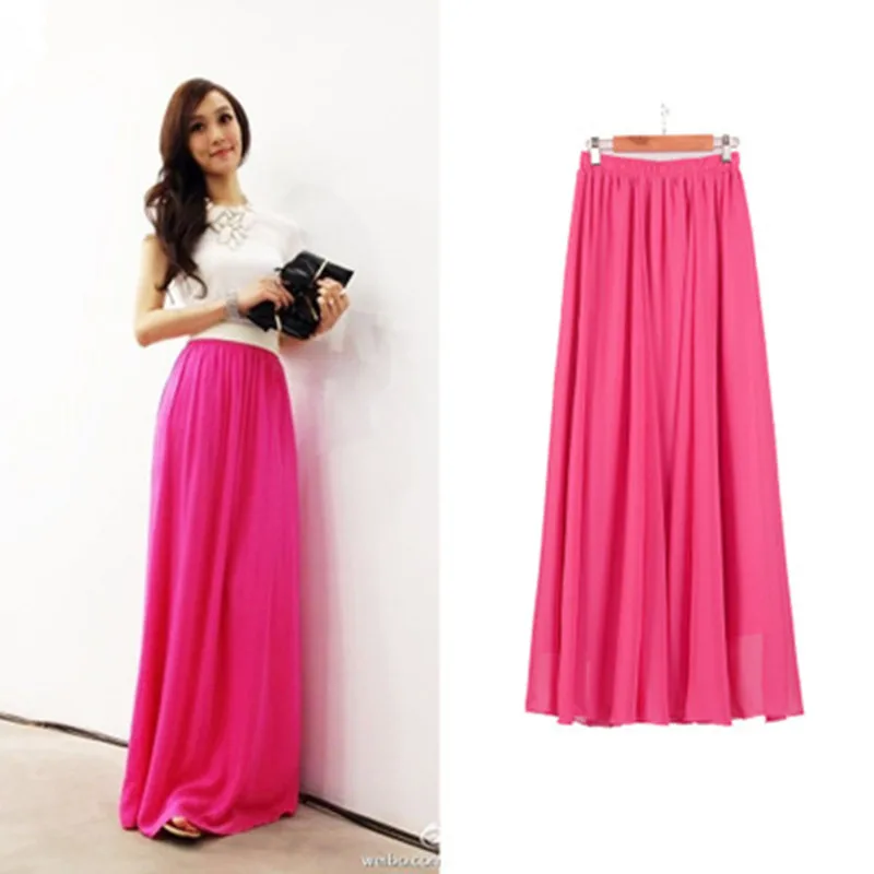 Женская шифоновая длинная юбка карамельного цвета, Женская плиссированная юбка, летние юбки в пол длиной 100 см, 19 цветов, длинная юбка