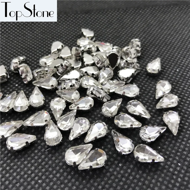 

Topstone 5x8,6X10,8X13MM Teardrop Fancy Stone Crystal Clear Color with White K Metal Claw Setting Droplet Sewing Glass Crystals