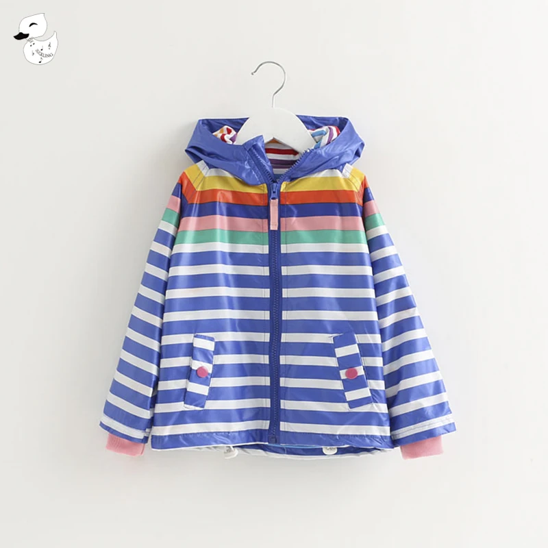 

BINIDUCKLING 2019 Spring Girls Kids Clothes Waterproof Rainbow Stripe Hooded Zipper Jacket Outfit Windbreaker For Girls Children