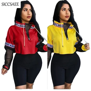 

Plus Size Clothing Women Letter Mesh Patchwork Blusas Crochet Sheer Tops Casual Streetwear Turtleneck Tunic Zipper Sweatshirt