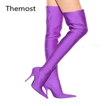 Latest 2017 Winter Summer Sexy Thigh High Boots Satin Stretch Elastic Over The Knee Sky Slim High Heels Long Booties Women Shoes