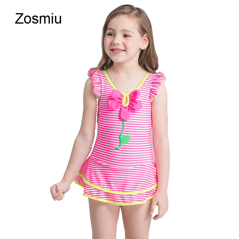 Girls Flower One-piece Striped Swimsuit Swimwear Kids Skirted Beach Bathing Suit