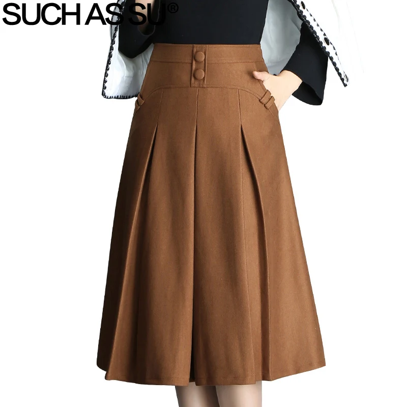 

SUCH AS SU New 2017 Women Black Brown Button High Waist Pleated Skirt Autumn Winter S-3XL Size Female Mid-Long Skirt