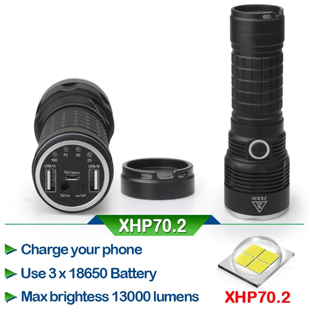 

50000 lumens 29W XHP70.2 most powerful led flashlight 3*18650 battery xhp70 Police LED torch mobile power bank usb output port*2