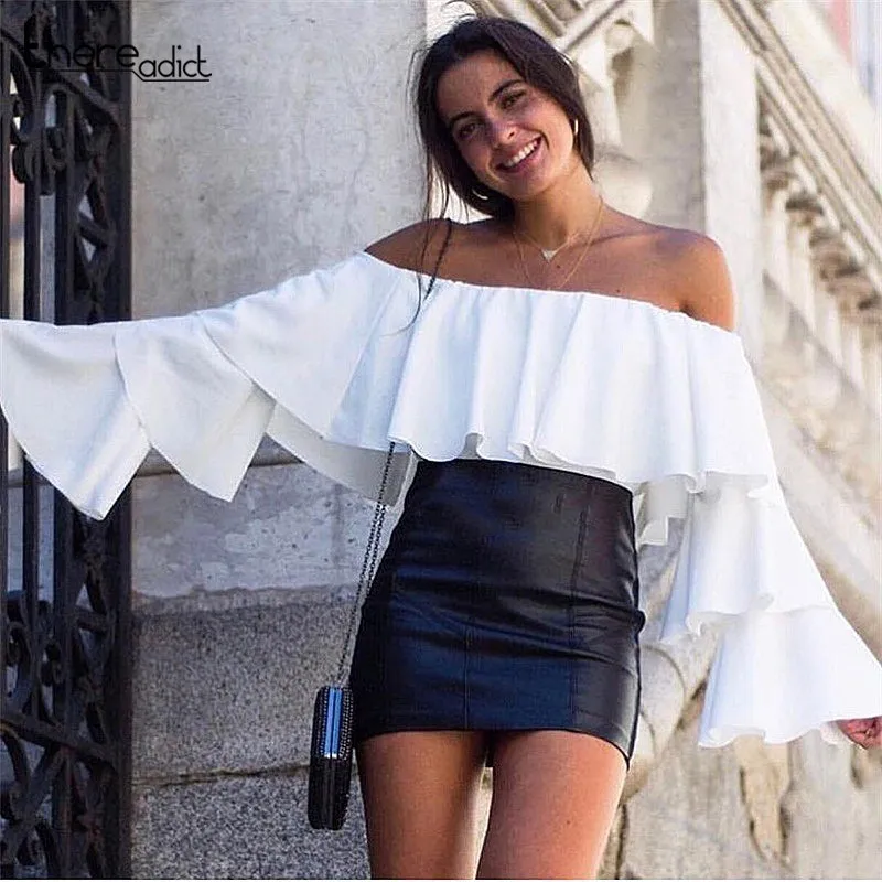 

2018 Summer Strapless Blouse Tube Top Ruffle Sleeve Sexy Crop Tops Solid Off Shoulder Tops Female Shirt Blouses For Ladies