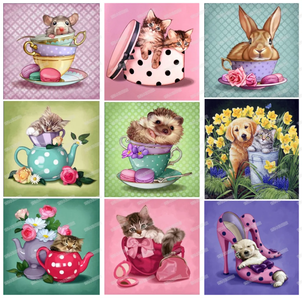 

DIY Diamond Painting Cross Stitch The Cup Of Animals Dog Mouse Cat Full Rhinestone Diamond Embroidery Teapot Needlework