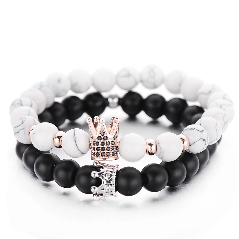 

Punk Style Fashion CZ Imperial Crown Strand Bracelets For Men Pulseiras Vintage Women Bangles Fashion 8mm Matt Stone Bracelet