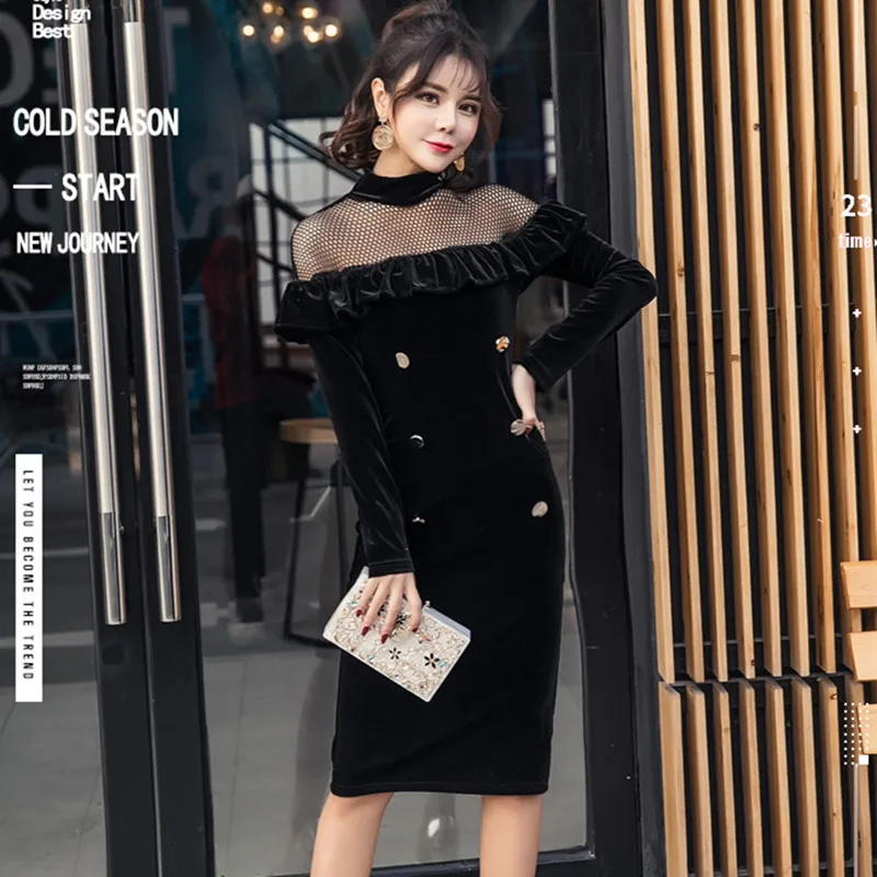 

Vintage Velvet Pencil Dress Women Black Full Sleeve Stand Collar Ruffles Elegant Club Dress Autumn Button Bodycon Dresses Ladies