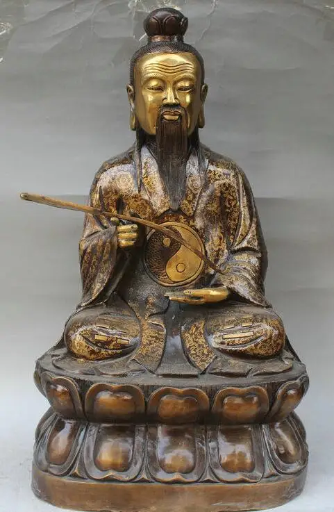 

fafa880098<<22" China Fengshui Bronze Gilt Seat Taoist Priest Hold Fan Eight Diagrams Statue