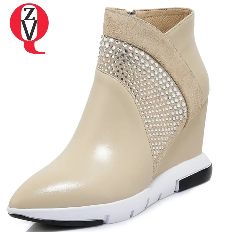 

ZVQ shoes women 2019 new fashion high quality genuine leather crystal decoration super high wedges platform two colors booties