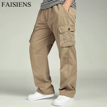 

FAISIENS Cargo Pants Men Elastic High Waist Multi Pockets Big Sizes 4XL 5XL 6XL Solid Khaki Black Army Green Men Trousers