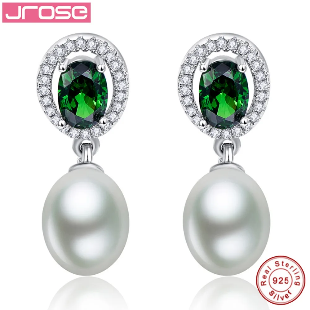 

JROSE Created Emerald Earrings 925 Sterling Silver Freshwater Cultured White Pearl Drop Earrings Fashion Earring Fine Jewelry