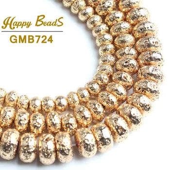 

Natural Lava Hematite Stone Beads Light Gold Plating Flat Loose Spacer Beads For Jewelry Making DIY Bracelets 6/8/10mm 15"Strand
