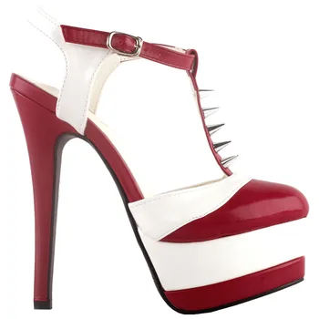 

LF80906 SHOW STORY Glam Two Tone T-Bar Studs Stiletto Double Platform Dress Sandals