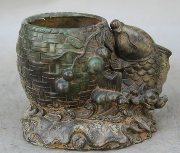 

song voge gem S2051 7 Chinese Bronze Animal cucurbit lotus Fish barracuda Brush Pot pencil vase