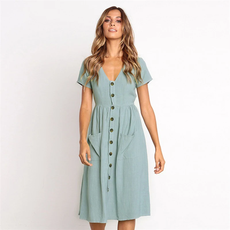 

FLOWER SKY Women Office Work A-line Dress Female 2018 Short Sleeve Solid Blue Button Elegant Casual Dresses Vestidos