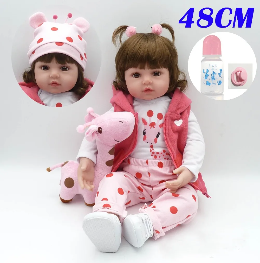 

19" 48cm girl doll reborn silicone vinyl children play house toy dolls bebe gift reborn boneca pink giraffe clothing set reborn