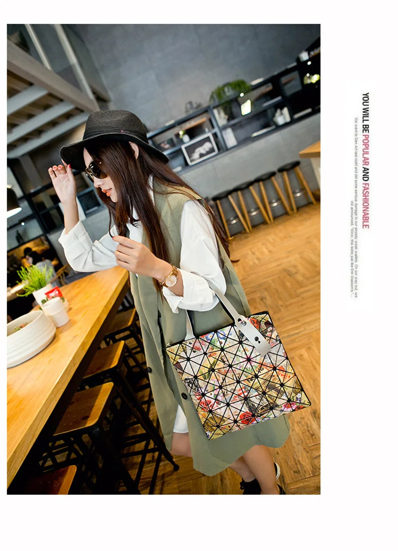 Fashion Ladies Folded Geometric Plaid Bag Women Laser Bright Casual Totes Bag Shoulder Bags Fold Over Bao Bao Handbags (16)