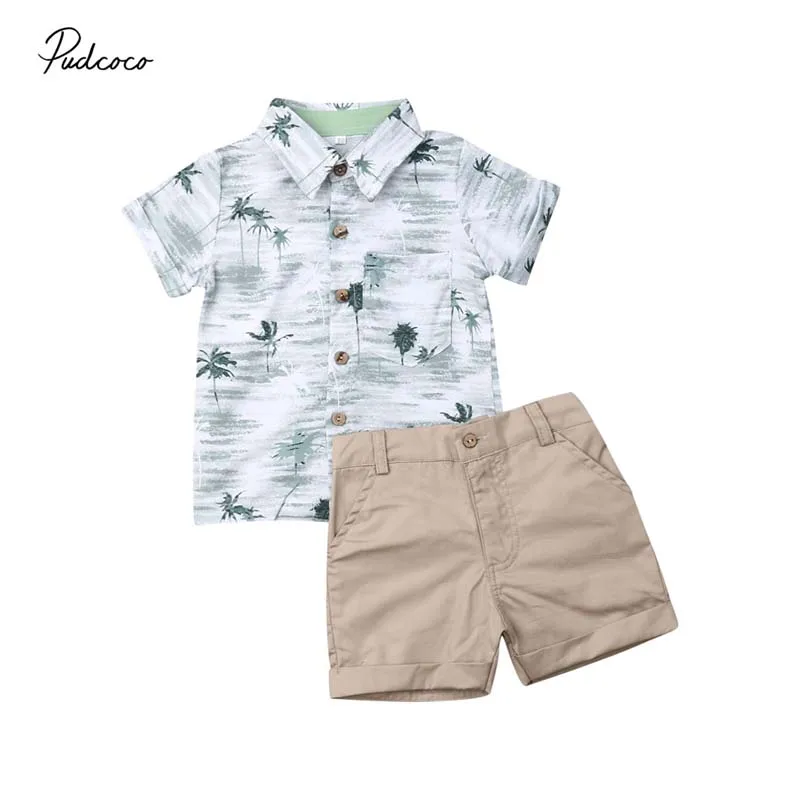 

2019 Brand Toddler Newborn Kids Baby Boy T Shirt Coconut Print Tops+Solid Shorts Pants Outfit Clothes Gentleman Suit Holiday Set