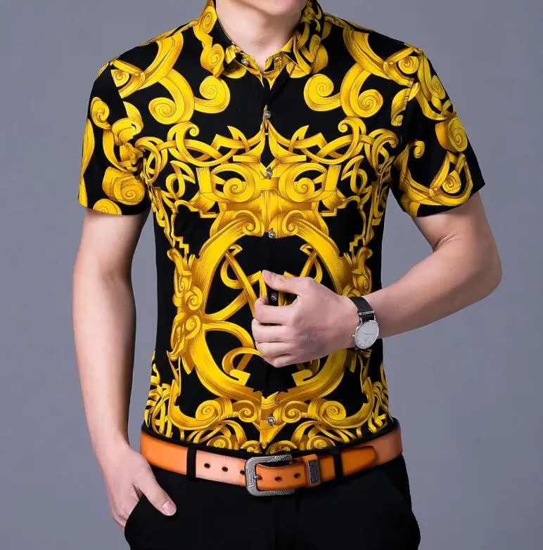 

summer new Europe and the United States men's clothing fashion geometric pattern printing Lapel comfortable men's shirts